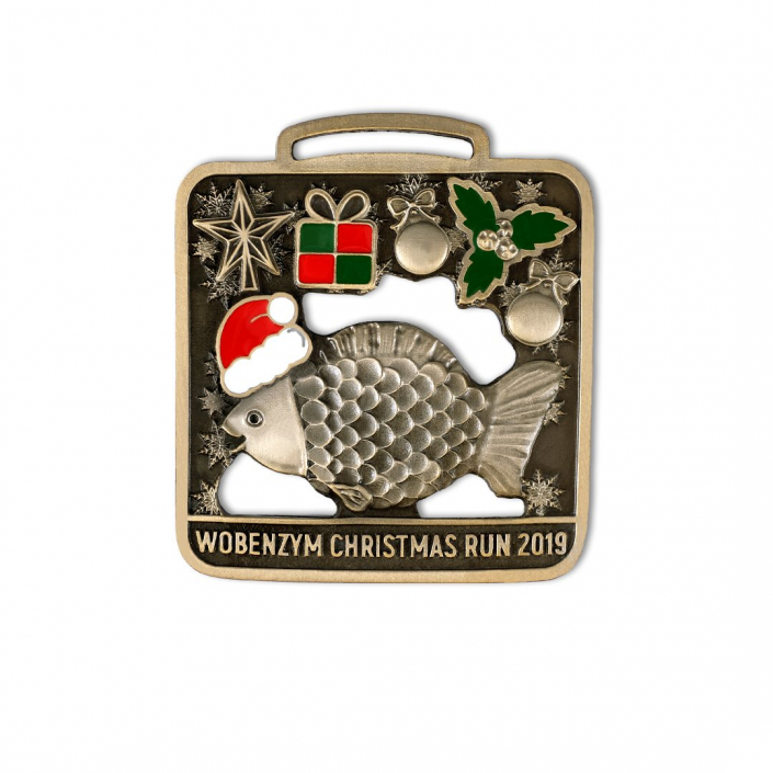 Custom Christmas Run medal depicting carp
