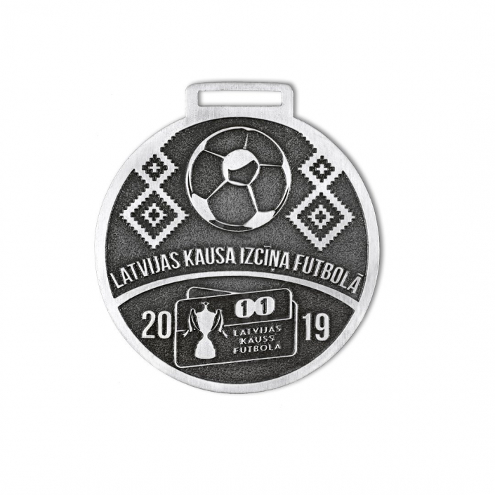 Football themed, silver colored medal