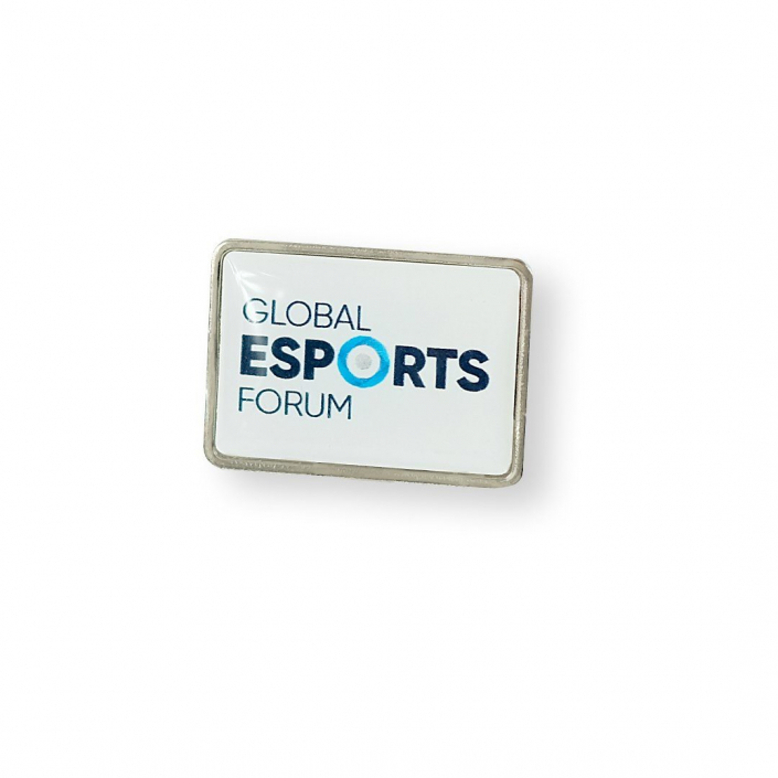 White, custom pin badge, created for E-sports Forum by Metal Casts