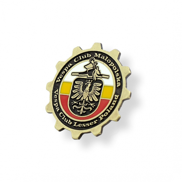Multi color enamel motor club pin with use of regional crest