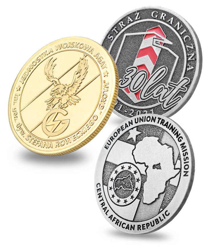 Three custom military challenge coins produced by Metal Casts
