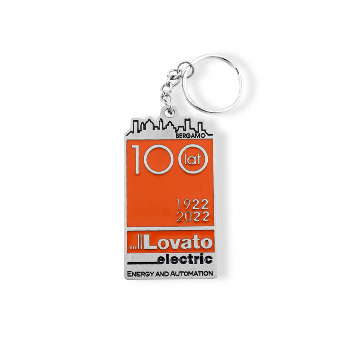 Commemorative keychain produced by Metal Casts — orange and black enamel