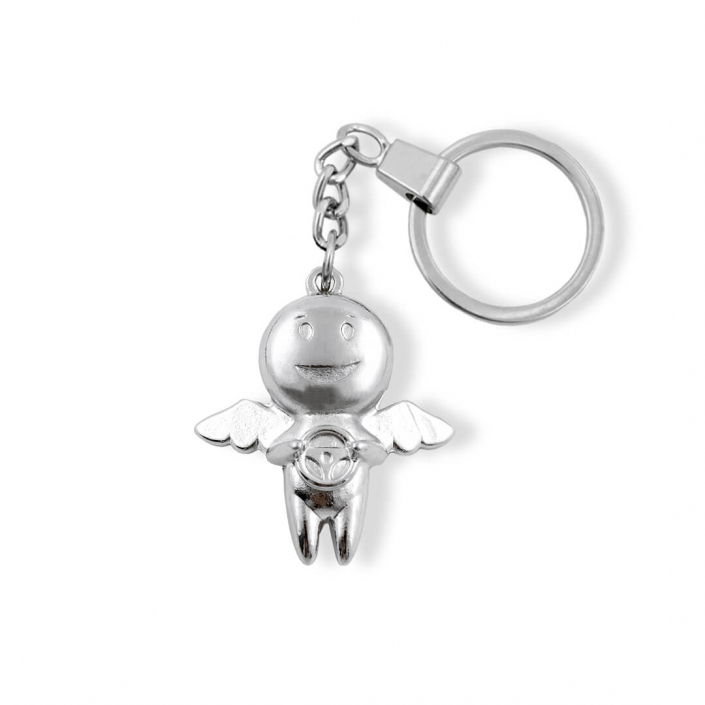 Silver custom business keychain with an angel