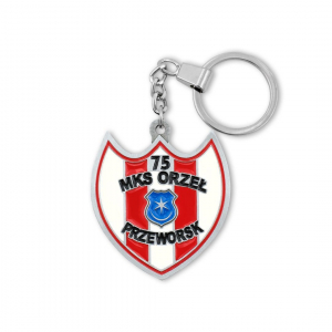 White and red custom keyring produced by Metal Casts for a football club