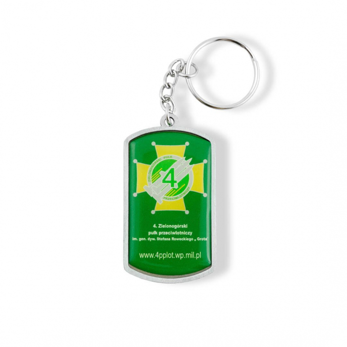 Custom military keyring with a green insert produced by Metal Casts